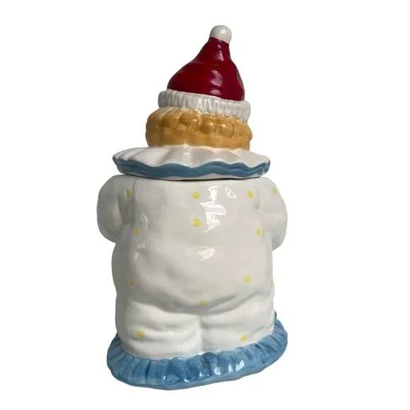 Vtg Ceramic Blond Clown Cookie Jar Red HatPolka Dot Outfit Stars Puppy Thailan